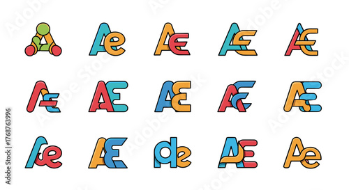 Collection of stylized 'AE' ligature logos and letterforms in vibrant, contrasting colors, showcasing diverse modern design interpretations for branding and graphic identity, presented on a black