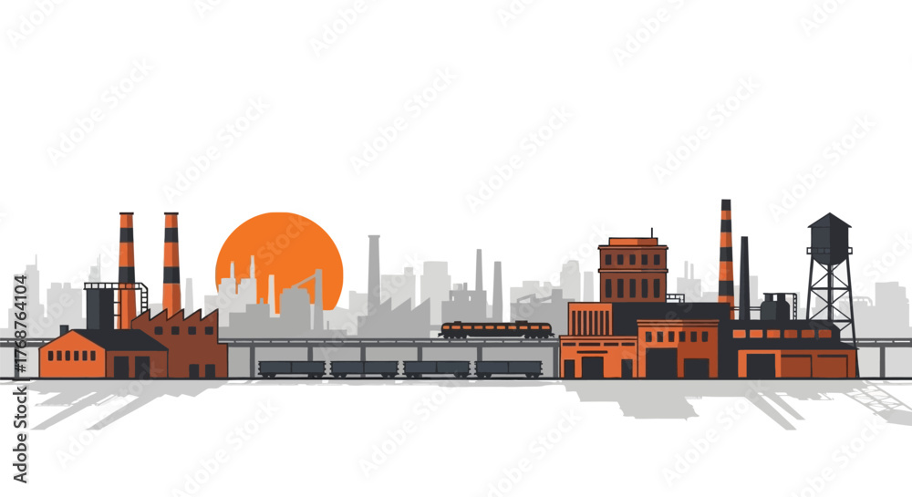 Obraz premium Industrial landscape with factories, train and sunset in minimalist style illustration