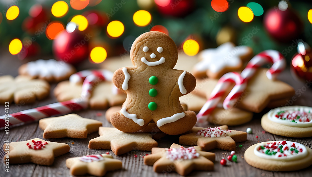 Obraz premium Holiday baking still life with gingerbread man and colorful sugar cookies