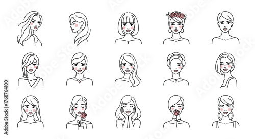 Collection of stylized female portraits with diverse hairstyles and makeup, presented in a minimalist white outline on a black background, evoking a sense of modern beauty and fashion.