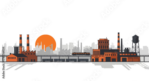 Industrial landscape with factories, train and sunset in minimalist style illustration