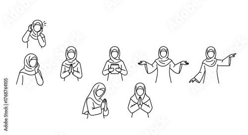 Collection of minimalist white line art illustrations depicting women in hijabs performing various gestures and actions, including praying, holding a tablet, gesturing, and pointing, set against a
