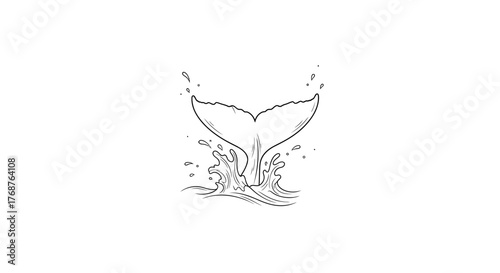 Elegant minimalist line art depicting whale tail emerging from the water surface with splash effects