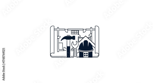 Blueprint schematic with construction tools and helmet symbolizing building or renovation projects