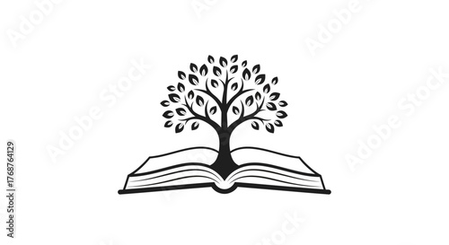 Symbolic representation of knowledge with open book and tree of wisdom illustration