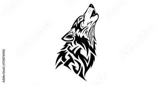 Stylized howling wolf design rendered in bold tribal tattoo art style illustration