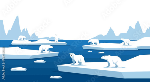 Polar Bears Navigating Shifting Ice Floes in a Fragile Arctic Landscape Illustration