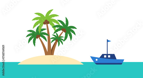 Tropical island scene with palm trees and a boat sailing on turquoise water creating a peaceful