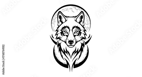 Mystical wolf portrait with lunar backdrop evoking wilderness and nocturnal grace
