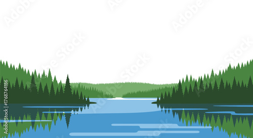 Serene lake scene surrounded by evergreen forests, reflecting the tranquility of nature perfectly
