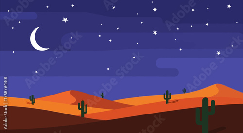 Stylized vector landscape of a desert scene under the moonlight with cacti and sand dunes