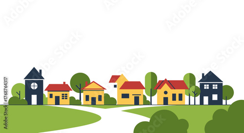 Charming minimalist houses nestled amongst greenery forming a peaceful neighborhood scene