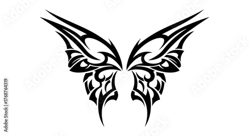 Intricate symmetrical stylized butterfly wings design in bold black for tattoo artistry or logo