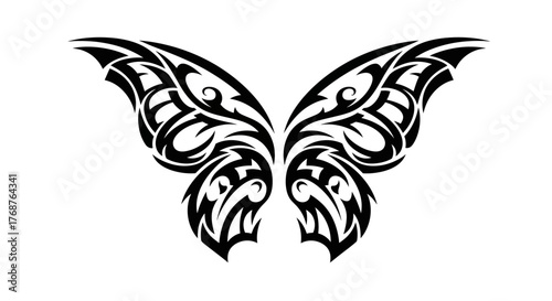 Intricate tribal stylized butterfly wings in a bold black graphic design tattoo illustration