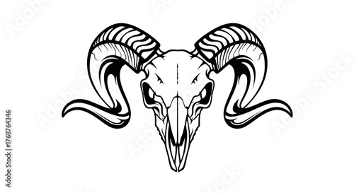 Monochrome ram skull illustration featuring intricate horn details and stark white backdrop making