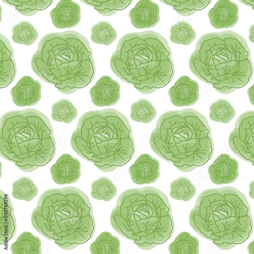 Seamless cabbage pattern with detailed green illustrations in grid layout for food packaging and decor