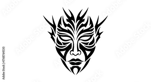 Tribal artistry stylized visage detailed black ink drawing enigmatic face design