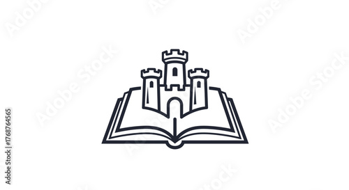 Enigmatic fortress illustration rising from the pages of an open book symbol