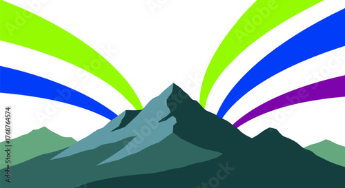 Vibrant mountain range illustration with colorful emanating rays, invoking adventure and visual