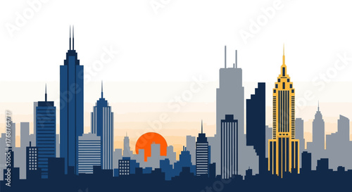 A vibrant metropolis silhouette, capturing the essence of urban architecture at sunset or sunrise