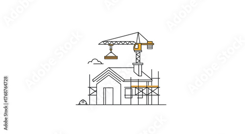 Minimalist illustration showcasing a house under construction with a crane assisting the build