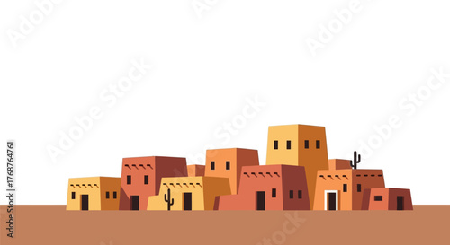 Stylized Adobe Village Landscape with Geometric Buildings and Cacti Silhouette against White