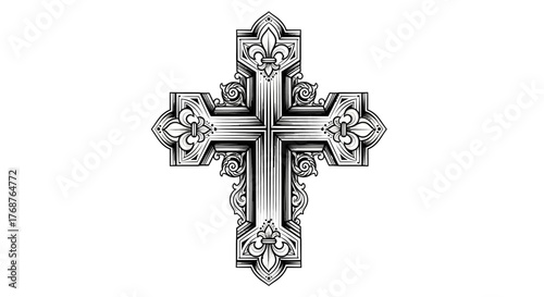 Ornate christian cross illustration with fleur-de-lis, meticulously detailed design and religious