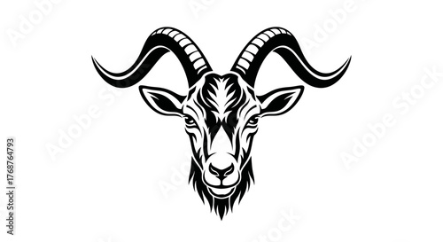 Intricate Black and White Goat Head Design Showcasing Detailed Horns and Facial Features
