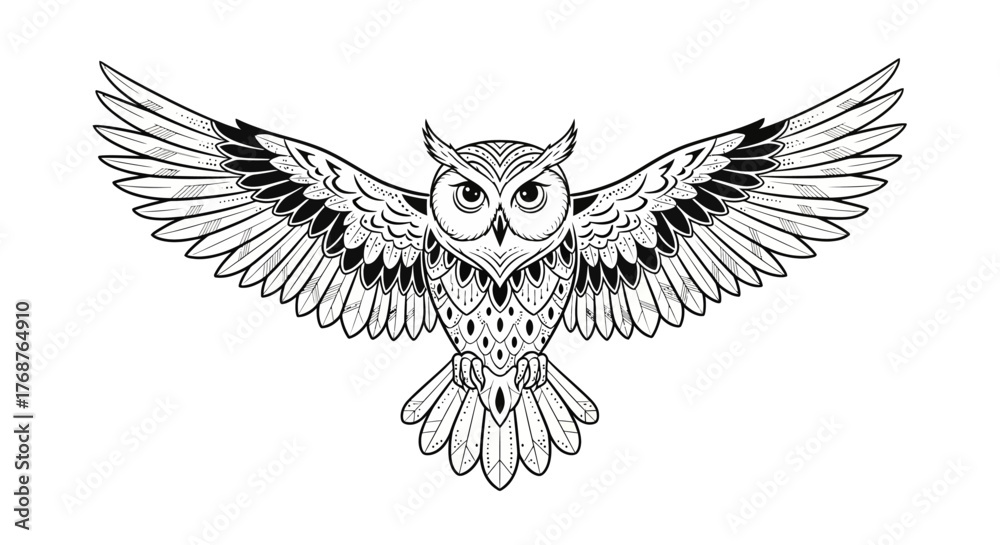 Obraz premium Detailed owl vector illustration featuring intricate wing patterns on a white background