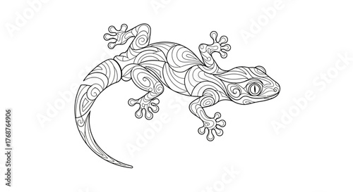 Stylized gecko illustration featuring intricate line work and geometric patterns design