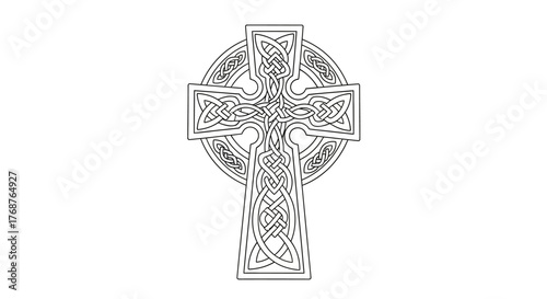 Ornate Celtic Cross Design Intricate Knotwork Line Art Illustration Detailed Graphic Black and White
