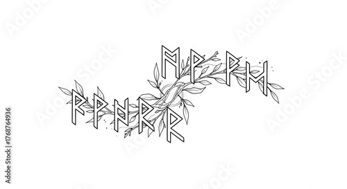 Elegant rune lettering illustration featuring delicate foliage accents and minimalist aesthetic