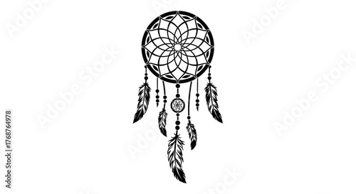 Intricate dreamcatcher illustration with geometric web and cascading feathers design on white