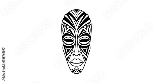 Detailed black and white illustration of an African tribal mask with geometric patterns