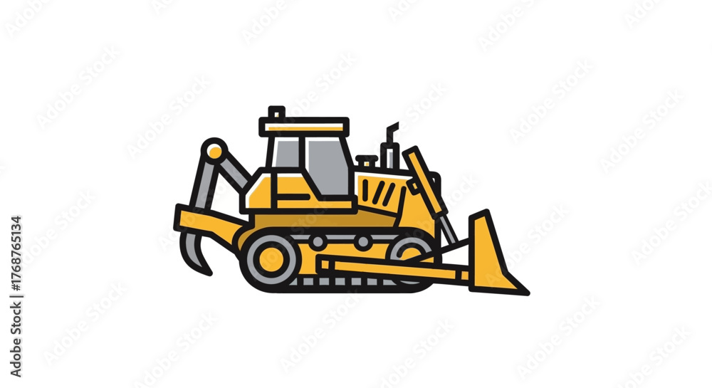 Naklejka premium Cartoon Bulldozer: An Illustration of Heavy Machinery in Yellow and Gray on white background