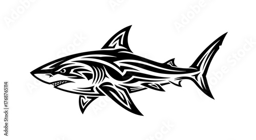 Graphic representation of an stylized shark, black design on white background, marine life