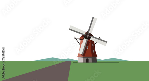 Flat design of a windmill on a farm with mountains in the background under a clear sky