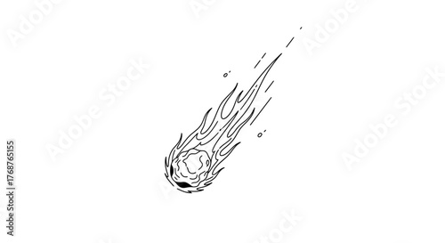 Minimalist line art illustration of a cosmic meteor or comet soaring through the vast space expanse