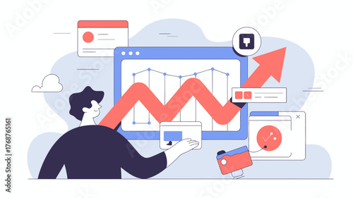 Person analyzing upward trending graph on a computer screen with various data visualizations and icons representing business growth and analytics