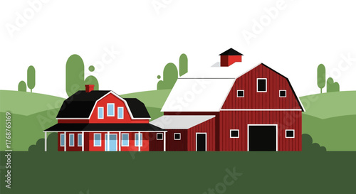 Stylized Rural Scene: Minimalist Farmhouse and Barn nestled within a Green Landscape