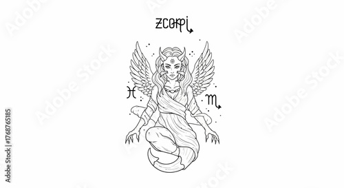 Mystical zodiacal goddess with wings and horns, a celestial guardian of astrology and esotericism