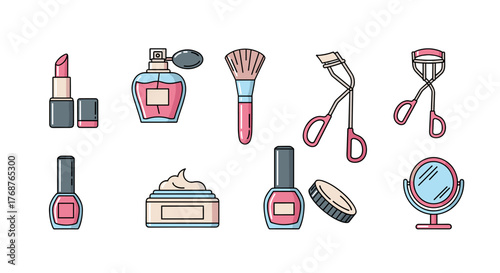 A vibrant collection of essential beauty and cosmetic items, including lipstick, perfume, makeup brush, eyelash curlers, nail polish, face cream, and a vanity mirror, presented in a clean, flat