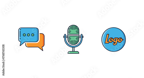 A vibrant collection of three distinct icons, featuring a pair of overlapping speech bubbles for communication, a retro-style microphone symbolizing audio and broadcasting, and a circular logo with