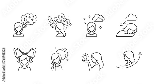 Collection of eight minimalist white line art icons representing various human states of mind and emotions, including dreaming, creativity, contemplation, sleep, transformation, thinking