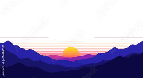 Minimalist mountain landscape at sunset with vibrant colors and soft gradients creating a peaceful