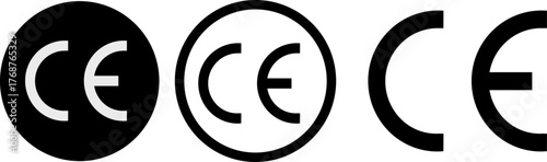 Collection of black and white CE marking symbols illustrating European standards of conformity and quality and safety certification,
