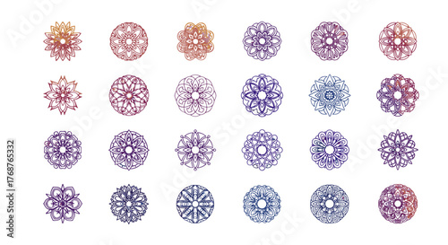 A stunning collection of 24 intricate mandala designs, each featuring a unique, symmetrical pattern with a shimmering gradient of vibrant colors, set against a deep black background, perfect for