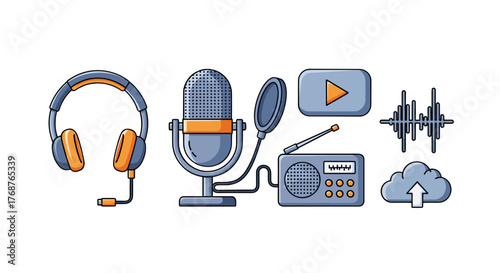 A vibrant collection of podcasting and audio recording equipment, including a professional microphone, headphones, radio, play button, sound wave, and cloud upload icon, presented on a stark black