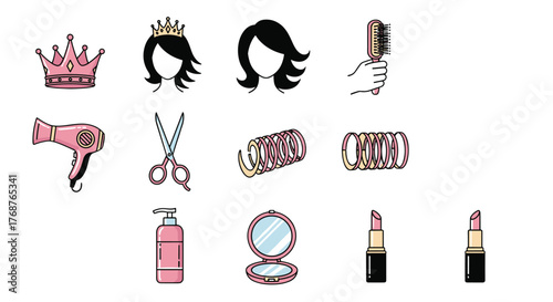 A collection of charming pink beauty and hair salon icons, featuring a regal crown, stylish hairstyles, a professional hairdryer, sharp scissors, hair rollers, a dispenser bottle, a compact mirror