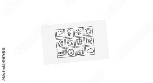A clean, minimalist collection of twelve business and finance icons, presented on a white card against a stark black background, featuring symbols for briefcase, ideas, gears, security, money